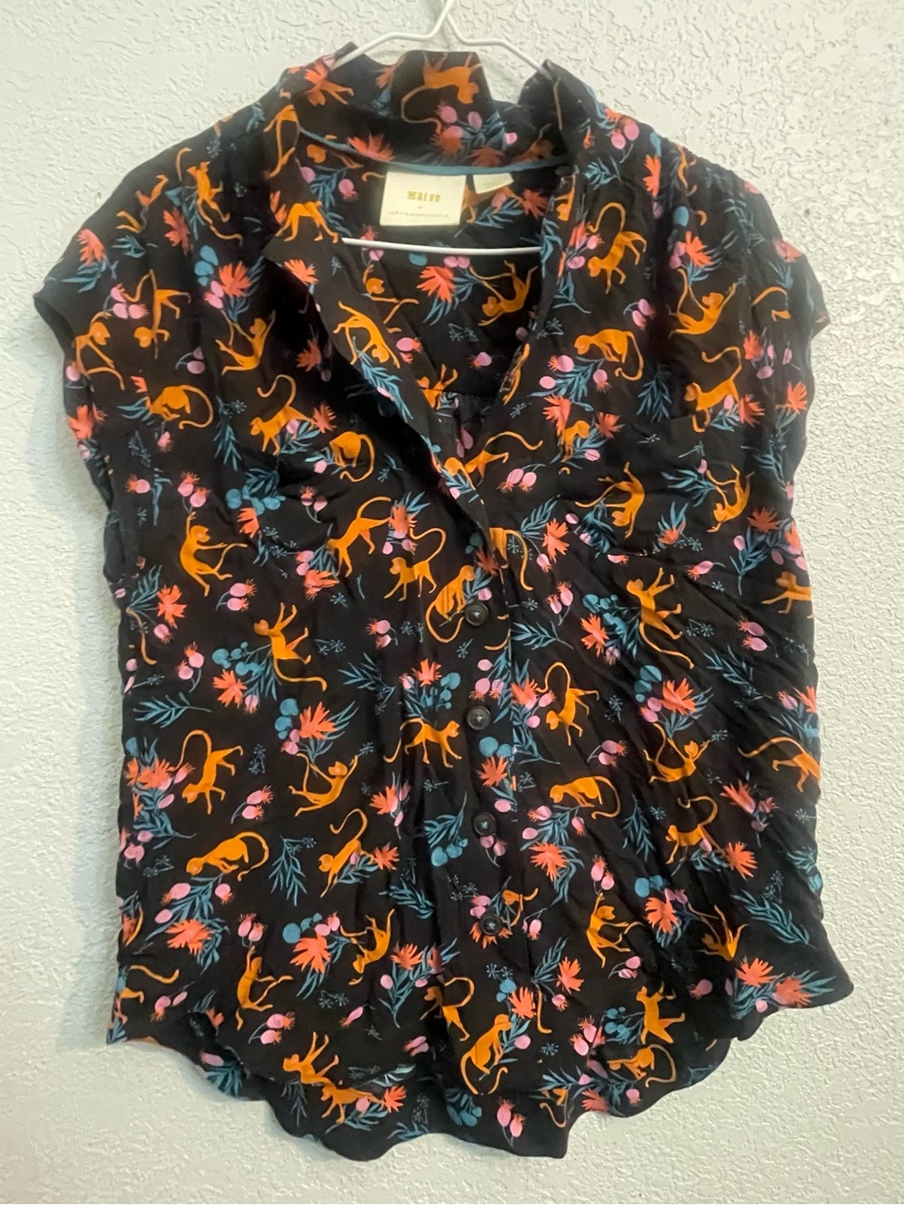 Anthropologie MAEVE Picnic Buttondown Top Shirt Colorful Monkeys Floral Small